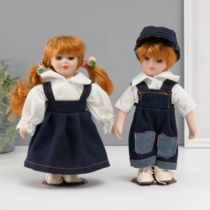 

Кукла коллекционная парочка "Оля и Слава, джинсовый наряд" набор 2 шт 19 см