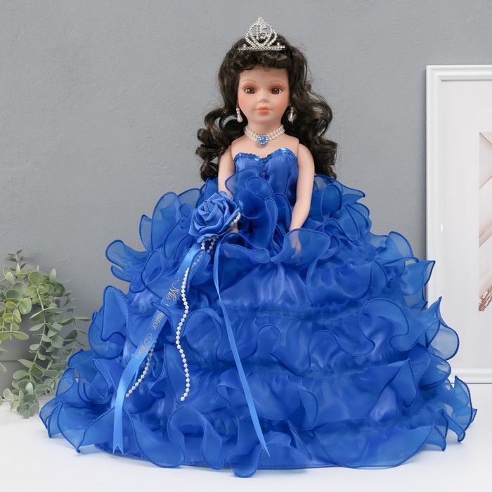 Кукла коллекционная зонтик керамика Леди в синем платье с розой, в тиаре 45 см