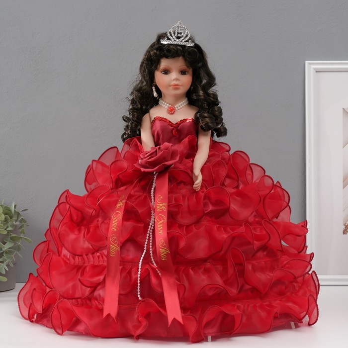 Кукла коллекционная зонтик керамика Леди в бордовом платье с розой, в тиаре 45 см