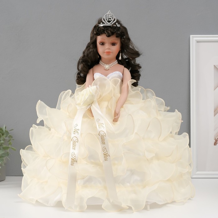 Кукла коллекционная зонтик керамика Леди в молочном платье с розой, в тиаре 45 см