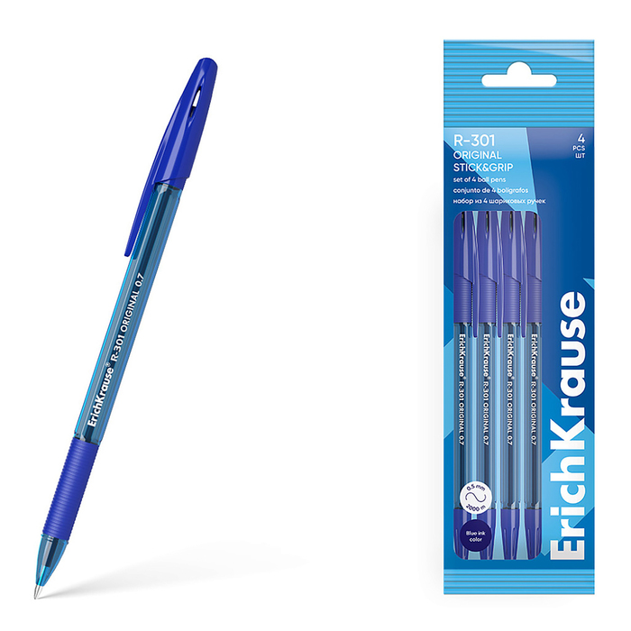 Набор ручек шариковых 4 шт, ErichKrause, R-301 Stick&Grip Original узел 1.0 мм, синяя набор ручек теропром 2498309 шариковых 4 штуки r 301 neon stick