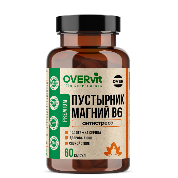 Пустырник+Магний+Витамин В6 OVERvit, 60 капсул цена и фото