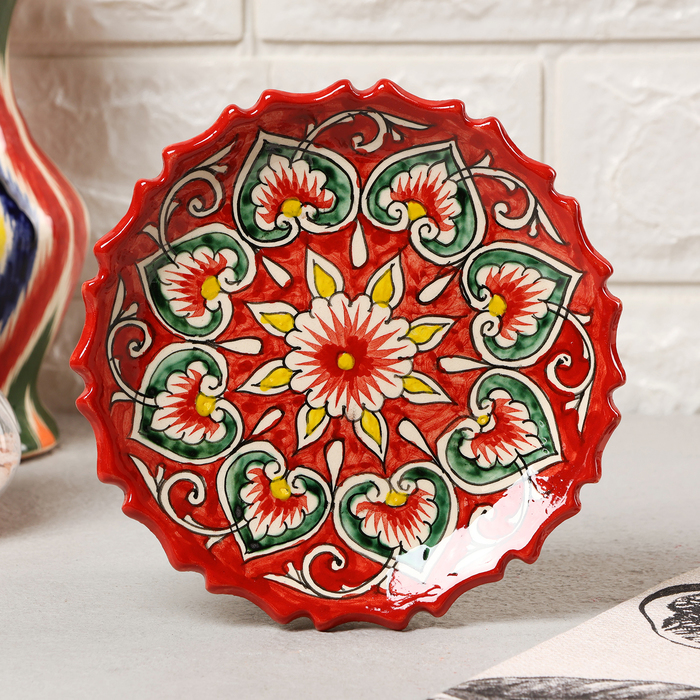 Тарелка Риштанская Керамика Узоры, красная, 15 см, рифлёная тарелка риштанская керамика узоры 28 см красная