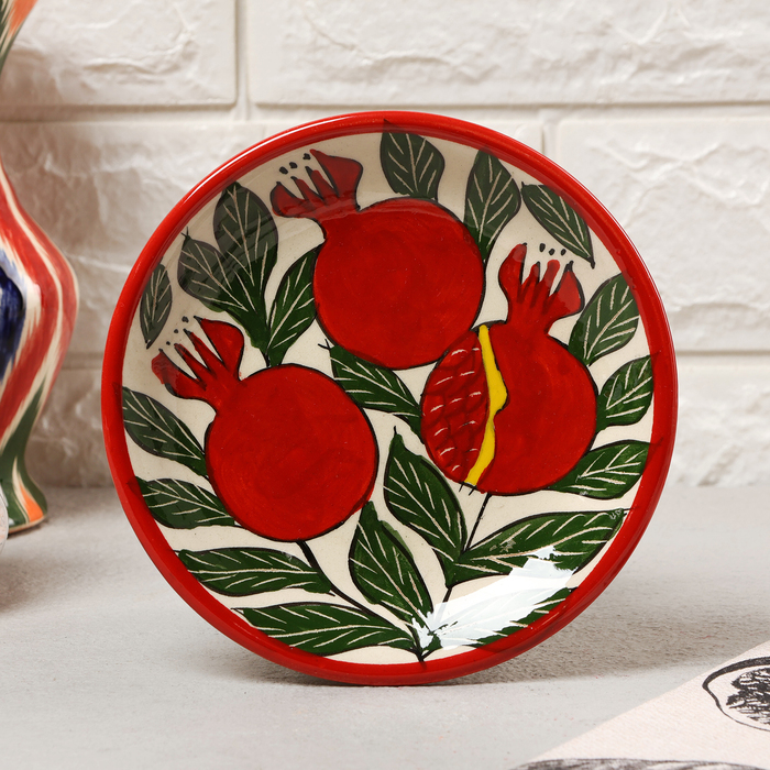 Тарелка Риштанская Керамика Гранаты, плоская, 15 см, тарелка риштанская керамика цветы красная плоская 15 см микс
