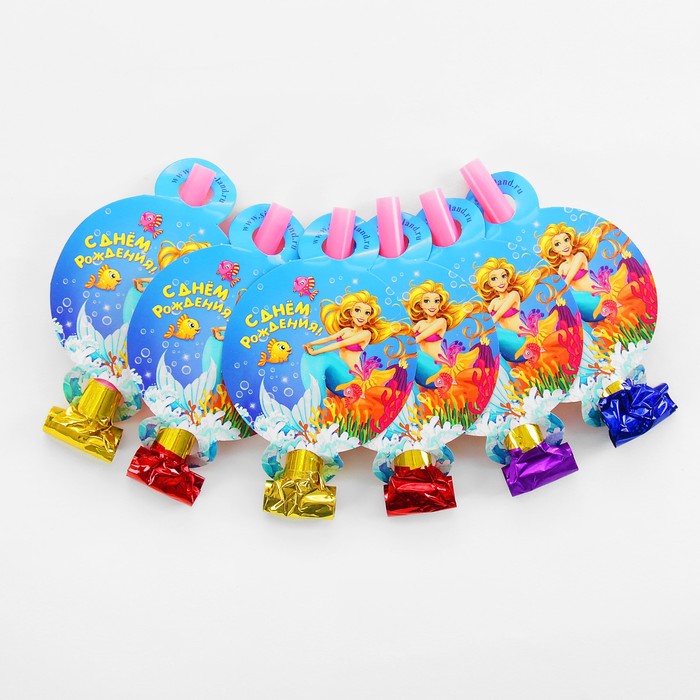 Язычок-кругляш "С днём рождения", русалочка, набор 6 шт., бумага, d=7 см