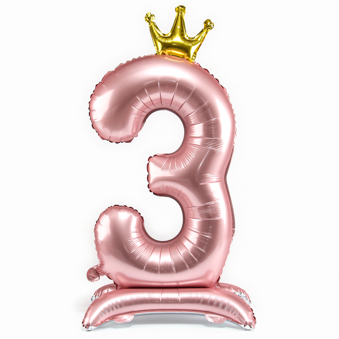 Шар фольгированный 42 «Цифра 3 с короной» на подставке, цвет розовый