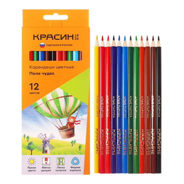 Набор карандашей цветных Красин Поле чудес, трёхгранные, заточенные, европодвес, 12 штук набор цветных карандашей заточенные хагиваги кисимиси 12 штук