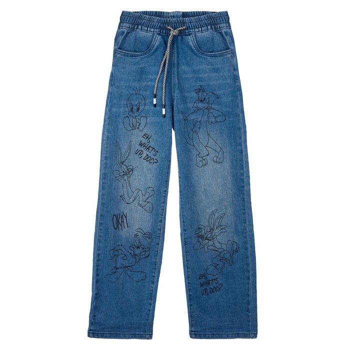 Брюки текстильные джинсовые для девочек PlayToday, рост 146 см