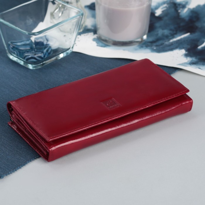 Кошелёк женский на кнопке, 4 отдела, 2 отдела на рамке, отдел для кредиток, отдел для монет, глянцевый, красный