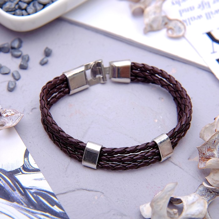 Браслет кожа "Косичка" 3 нити, цвет коричневый