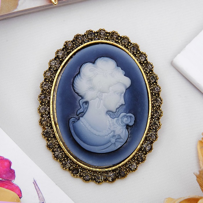 Брошь "Камея", в рамке, цвет серый в чернёном золоте