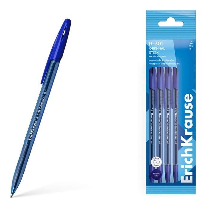 Набор ручек шариковых 4 штуки ErichKrause R-301 Stick Original узел 1.0мм, цвет синий набор ручек теропром 2498309 шариковых 4 штуки r 301 neon stick