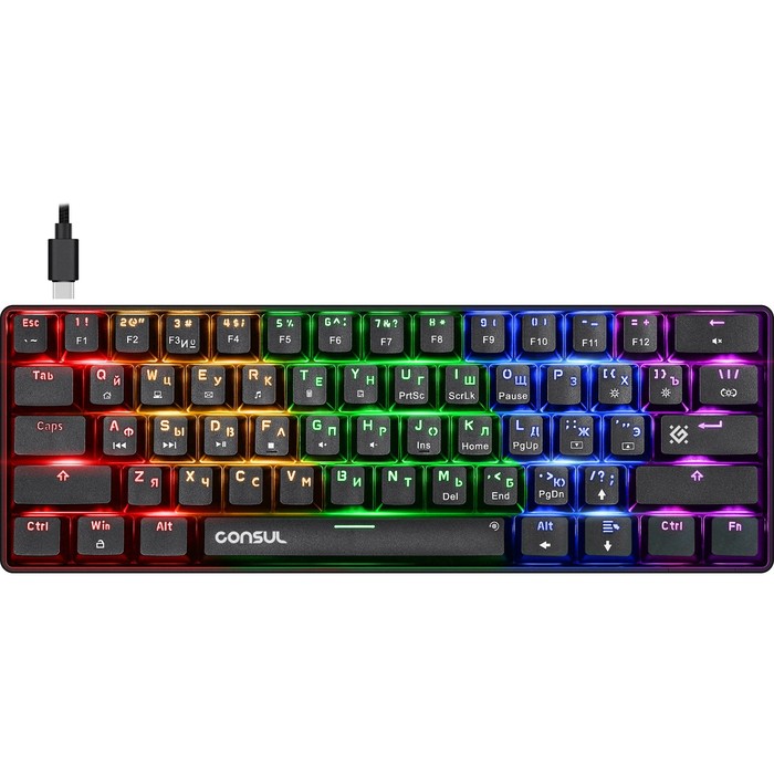 Клавиатура Defender Consul GK-220,игровая,проводная,механическая,подсветка,61 кл,USB,черная клавиатура проводная defender ozoth gk 106 игровая черная