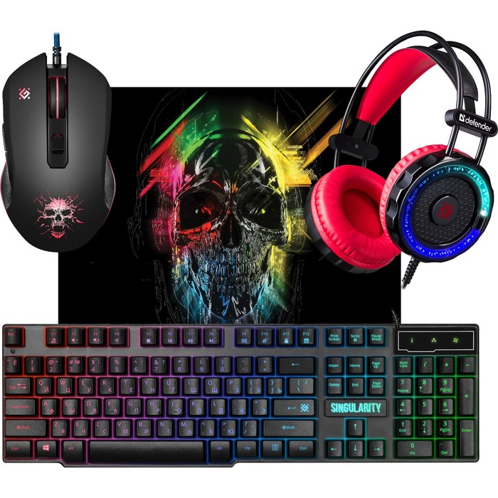 

Игровой набор Defender Singularity 4 в 1,клавиатура+мышь+ковер+наушники,проводной, 3200 dpi