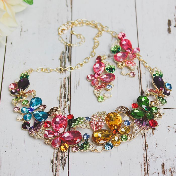 Набор 2 предмета: серьги, колье "Шальная императрица", бабочки, цветной 45см