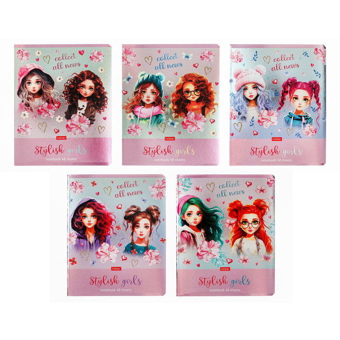 Тетрадь 48 листов в клетку Stylish Girls обложка мелованный картон металлизированный картон выборочный лак блок 65 гм2 МИКС 61₽