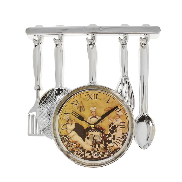 Часы настенные кухонные "Столовые приборы", на циферблате 3 повара, хром