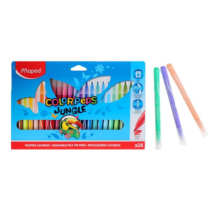 Фломастеры утолщенные 24 цвета JUNGLE, смываемые