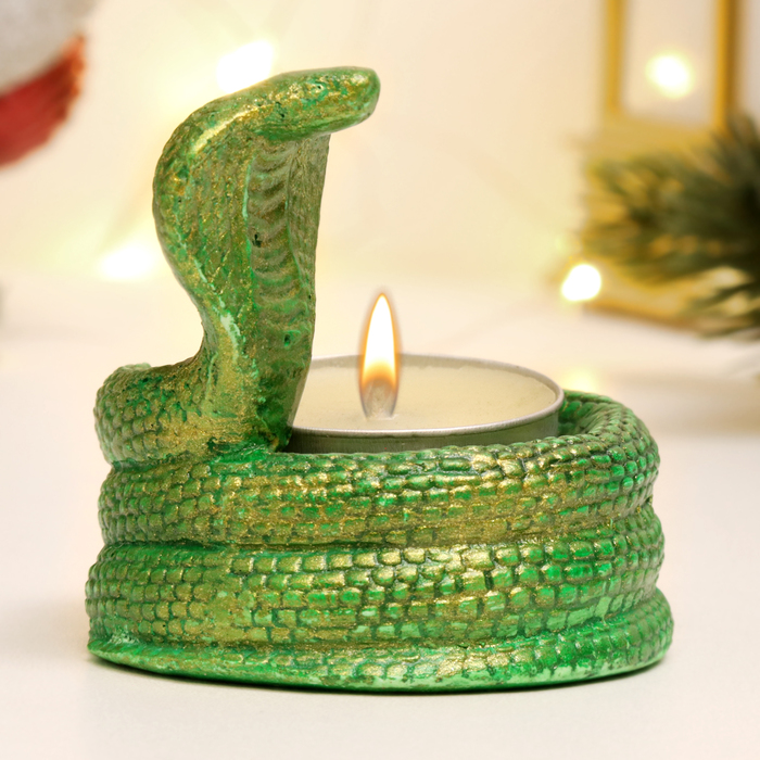 Подсвечник Змея кобра зеленый с позолотой, 8х5см