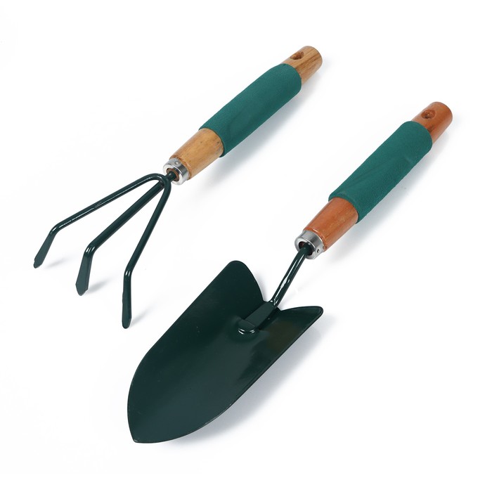 Набор садового инструмента, 2 предмета совок, рыхлитель, длина 36 см, деревянные ручки с поролоном