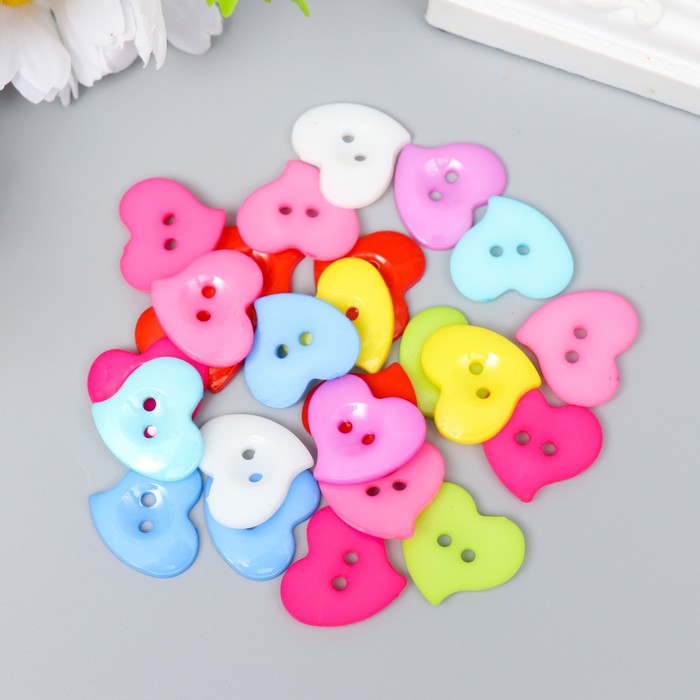 Набор пуговиц декоративные пластик Сердечки цветные (набор 24 шт) 2,2х2,2 см