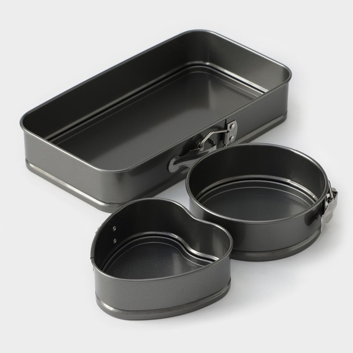 Набор форм для выпечки разъемных с а/п покрытием "Элин", 3 предмета: прямоугольная 14х24,5х4,5 см, круглая 13х12х4,5 см, сердце 11,5х11,5х4,5 см