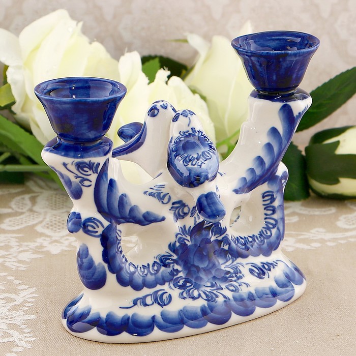 Подсвечник «Птицы», гжель, кобальт