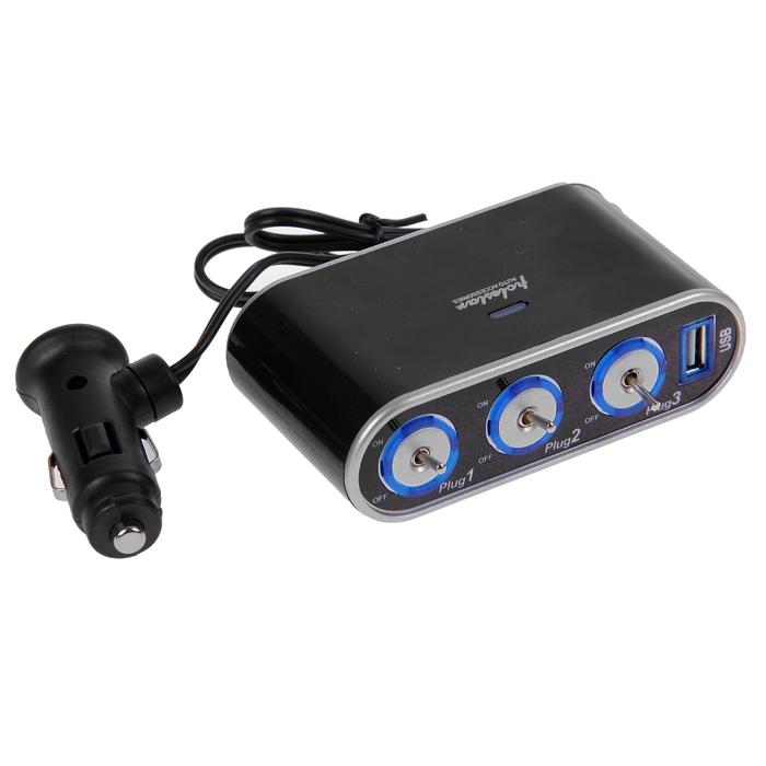 Разветвитель прикуривателя на 3 выхода с индивидуальным питанием, USB 2.1А, чёрный