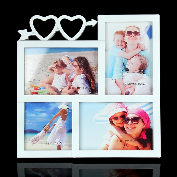 Фоторамка на 4 фото 10х10 см, 10х15 см "Два сердца" белая