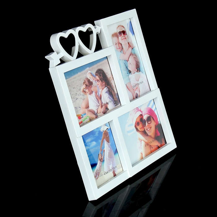 Фоторамка на 4 фото 10х10 см, 10х15 см "Два сердца" белая