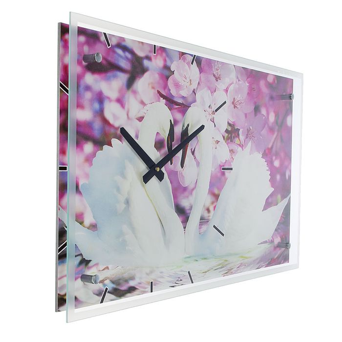 Часы настенные прямоугольные "Два лебедя, сиреневые цветы", 35х60 см