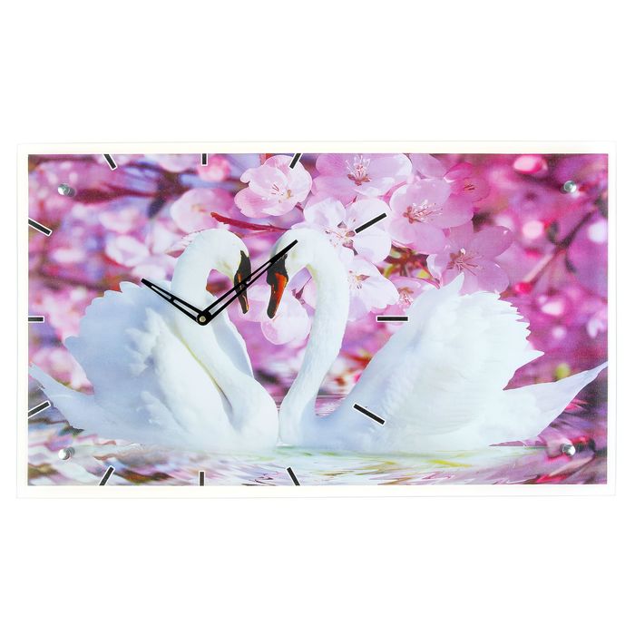 Часы настенные прямоугольные "Два лебедя, сиреневые цветы", 35х60 см