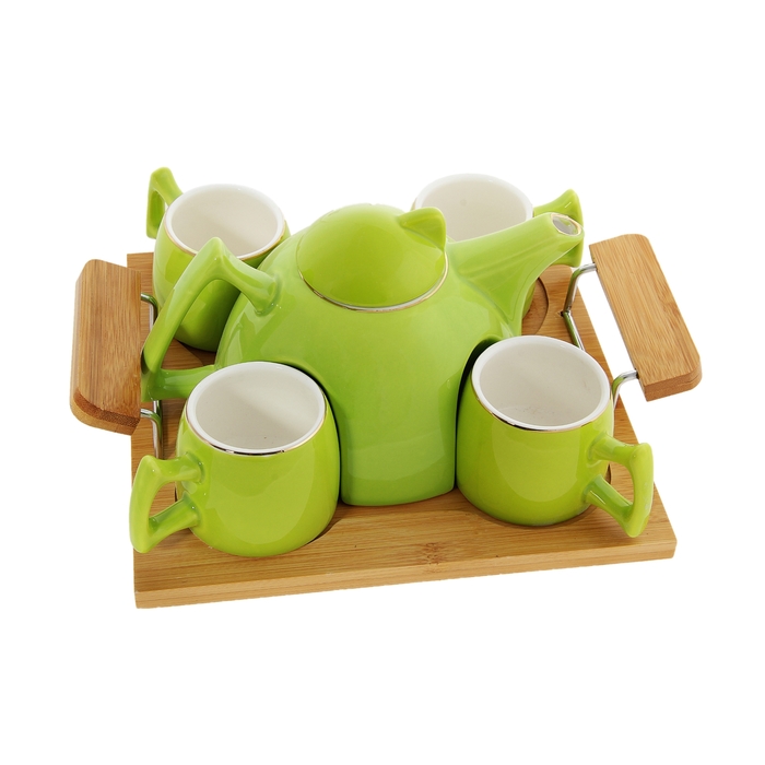 Набор чайный "Георгина": кружки 4 шт, чайник 600 мл, на подставке, цвет зеленый