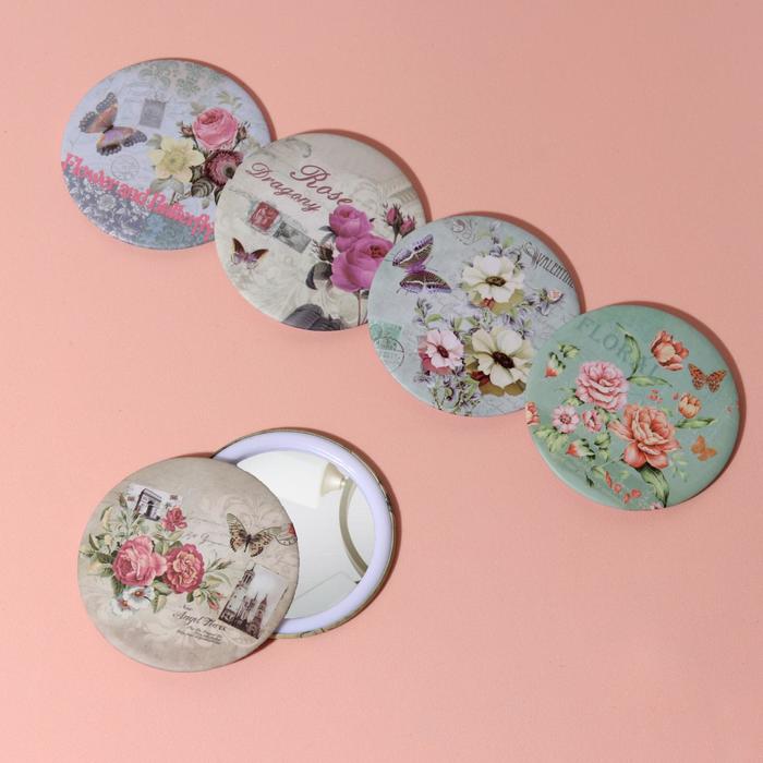Зеркало компактное «Цветы», круглое, одностороннее, без увеличения, d=7,5см, цвет МИКС