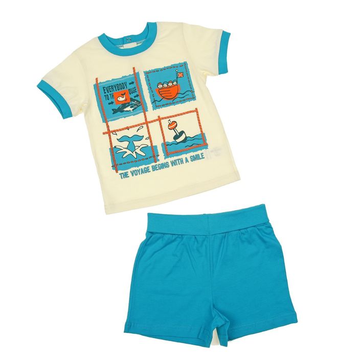 Комплект для мальчика (футболка+шорты), рост 80 см (12 мес), цвет бирюзовый/экрю Н011