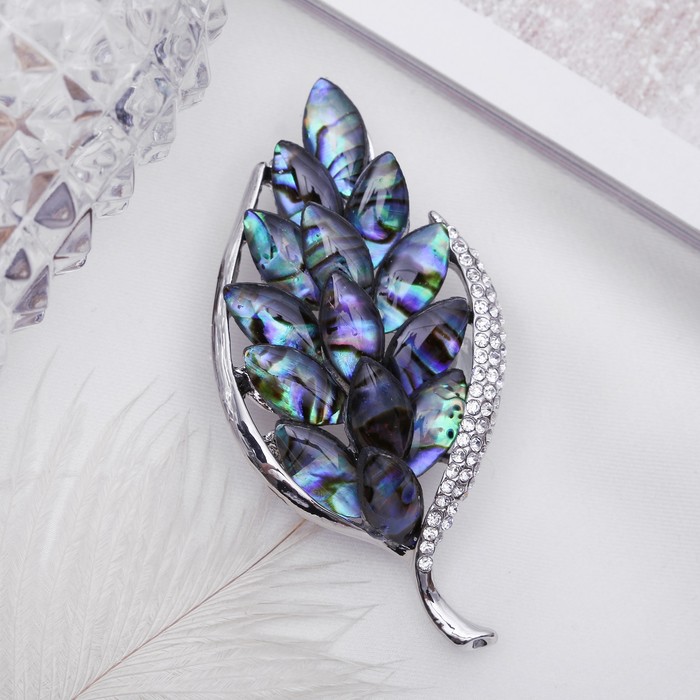 Брошь "Галиотис" лист многослойный, цвет зелёный в серебре