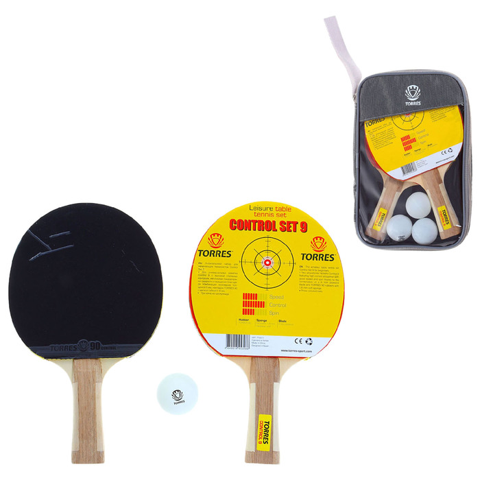 Набор для настольного тенниса TORRES Control 9 (2 ракетки, 3 мяча), накладка 1,8 мм, коническая ручка