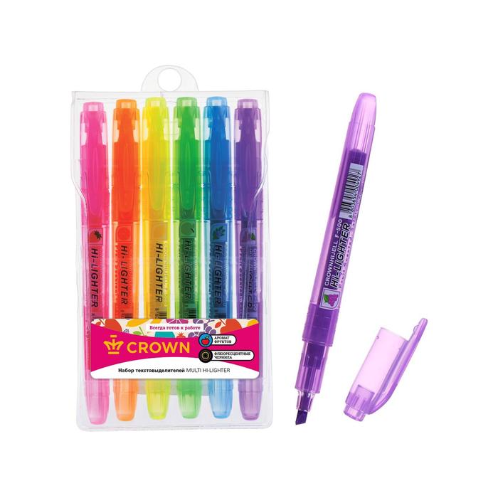 Набор маркеров текстовыделителей 6 цветов 1-4 мм, Crown Multi Hi-Lighter Aroma, ароматизированные, чехол текстовыделитель crown multi hi lighter розовый 1 4мм 12 шт в упаковке