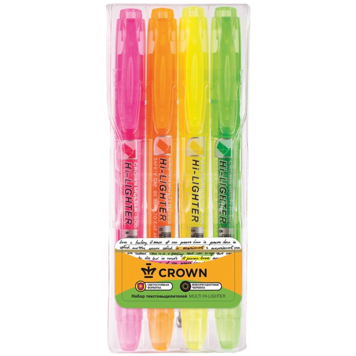 Набор маркеров текстовыделителей Crown, Multi Hi-Lighter", 4 штуки, 4 цвета, 1.0-4.0 мм, чернила на водной основе, чехол с европодвесом