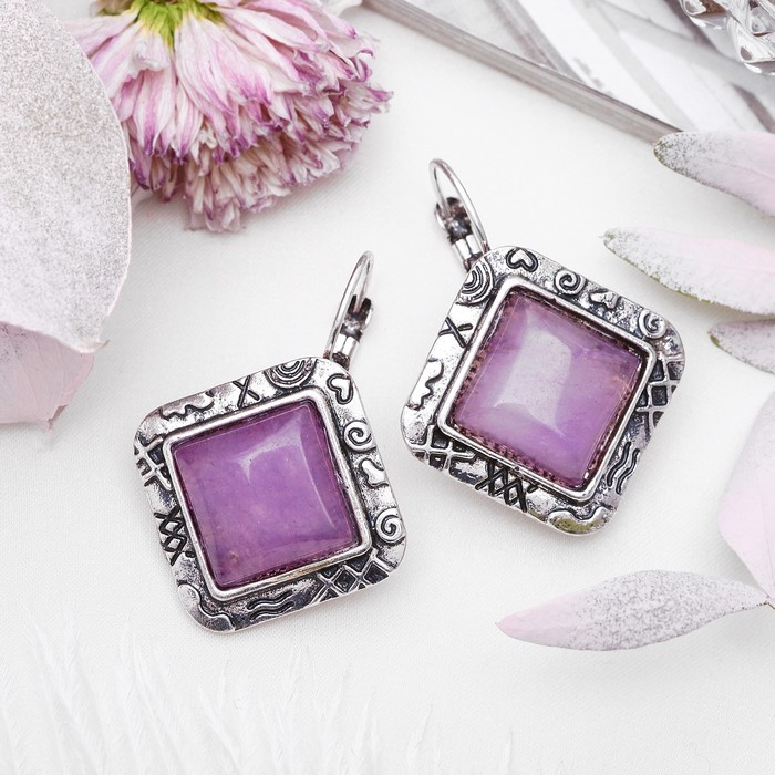 Серьги восток, ромб в металлической оправе "Аметист"