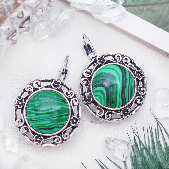 Серьги восток, круг в металлической оправе "Малахит"