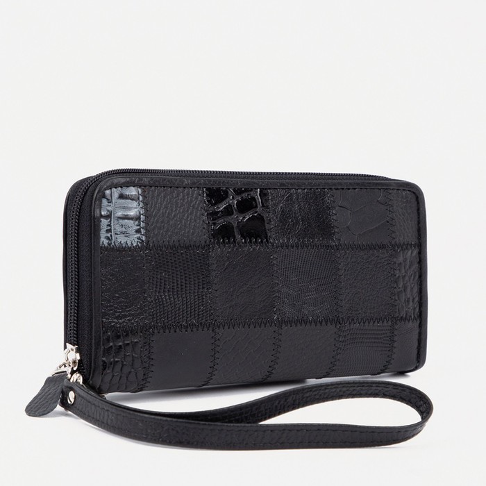Кошелёк женский, 3 отдела, для карт, для монет, ручка, цвет комбинированный чёрный