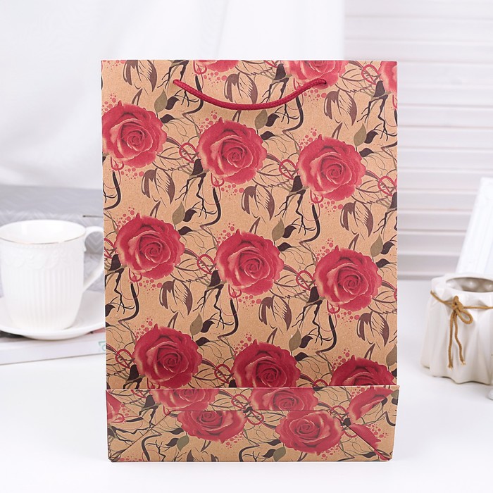 Пакет крафт "Розы", 15 х 20 х 6 см