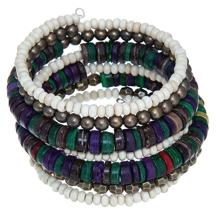 Браслет-пружинка "Деревянный" 7 рядов, цвет зелёно-фиолетовый