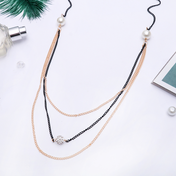 Бусы 3 яруса "Две жемчужины", цвет черно-золотой 80см