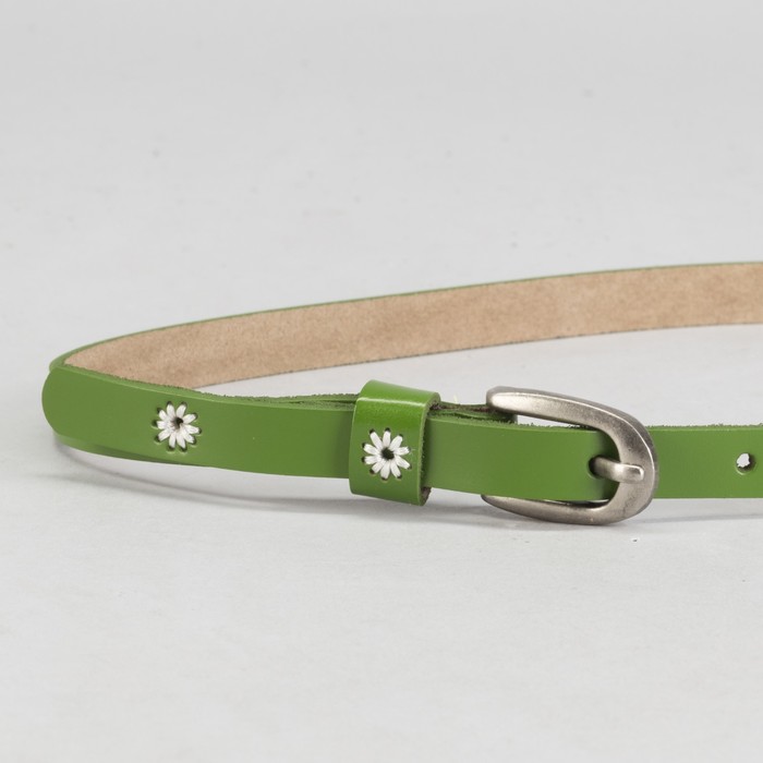 Ремень женский "Маргаритка", винт, цветок - вышивка, пряжка - металл, ширина 1,5см, цвет зелёный