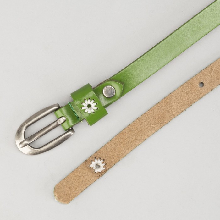 Ремень женский "Маргаритка", винт, цветок - вышивка, пряжка - металл, ширина 1,5см, цвет зелёный