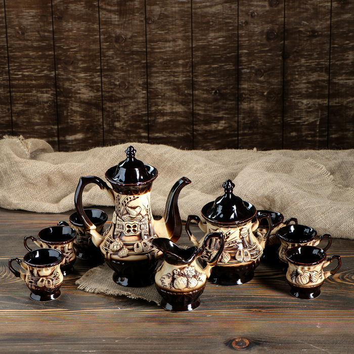 Кофейный набор "Монарх" 9 предметов: чайник 1,5 л, сахарница 0,7 л, сливочник 0,5 л, чашки 0,35 л
