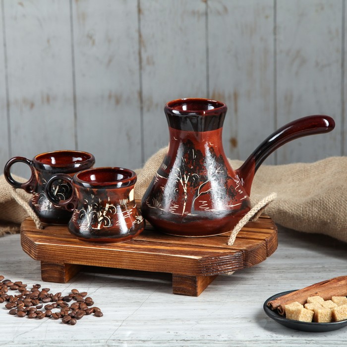 Набор кофейный большой, 3 предмета с росписью: турка 0,7 л, чашки 0,25 л