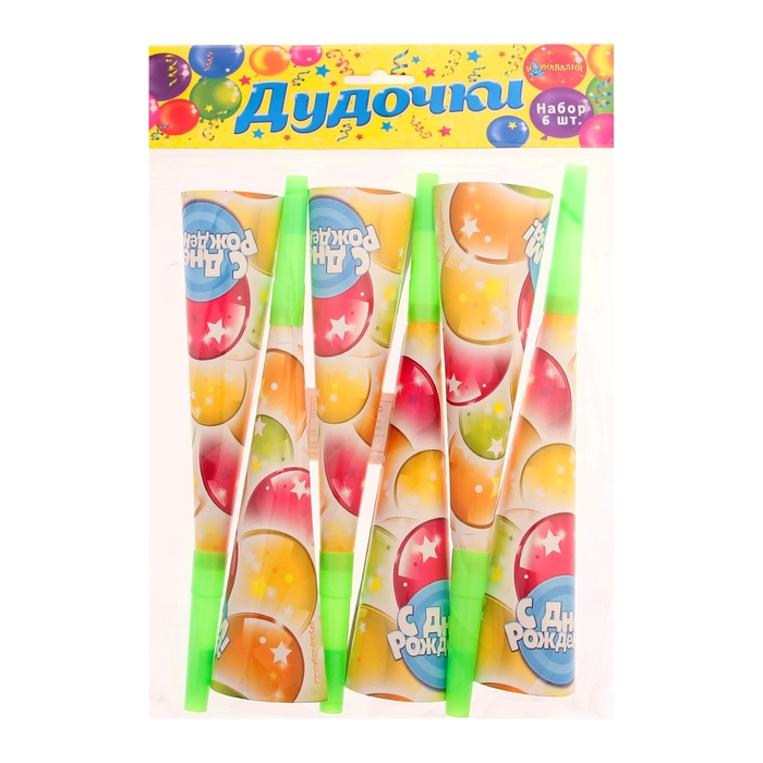 Дудка-гудок "С Днём Рождения!", звёзды, набор 6 шт., р-р 21 см